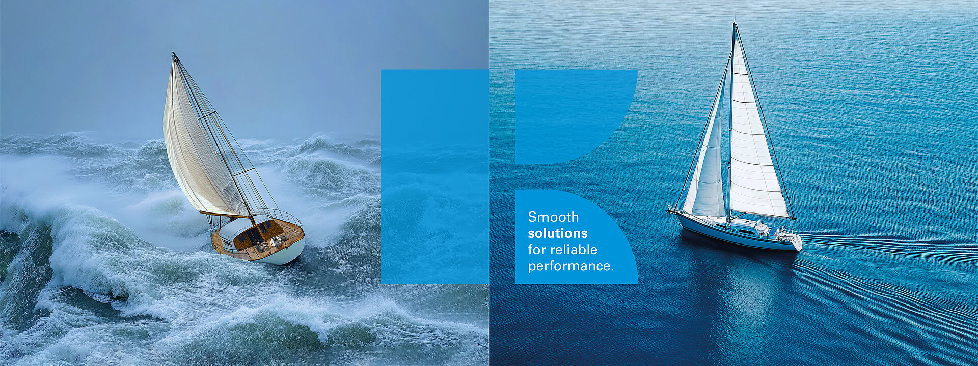 A sailboat on stormy seas and a sailboat in calm waters, illustrating the difference that KNF's Smooth Flow pump solutions make by reducing pulsation.